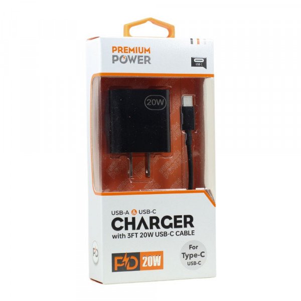 Wholesale USB-C / Type C Phone Tablet 2in1 20W PD Fast Power Delivery Charger with 3FT USB-C to USB-C Cable (Wall - Black)
